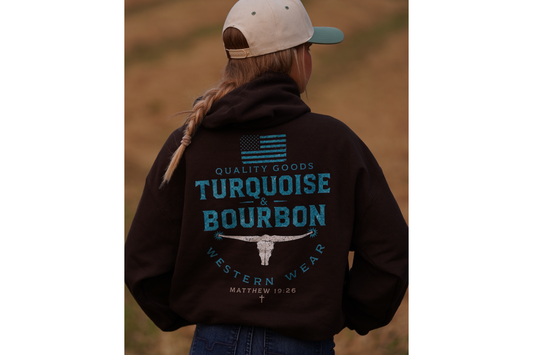 Turquoise & Bourbon Quality Goods Hoodie | Vintage Western Pullover